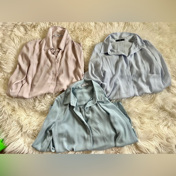 Mango Tops - 3 x Mango Buttoned Down Blouses, Blue, Sky Blue and Light Lilac, Size XS